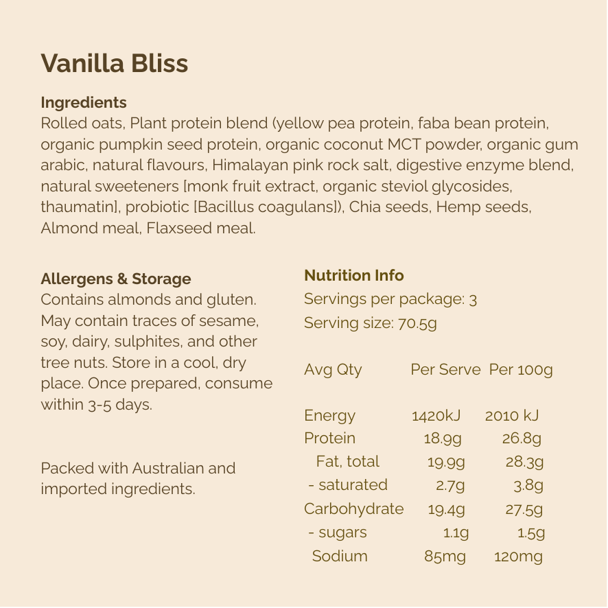 Vanilla Bliss product details including ingredients, allergens, storage information, and nutrition facts.